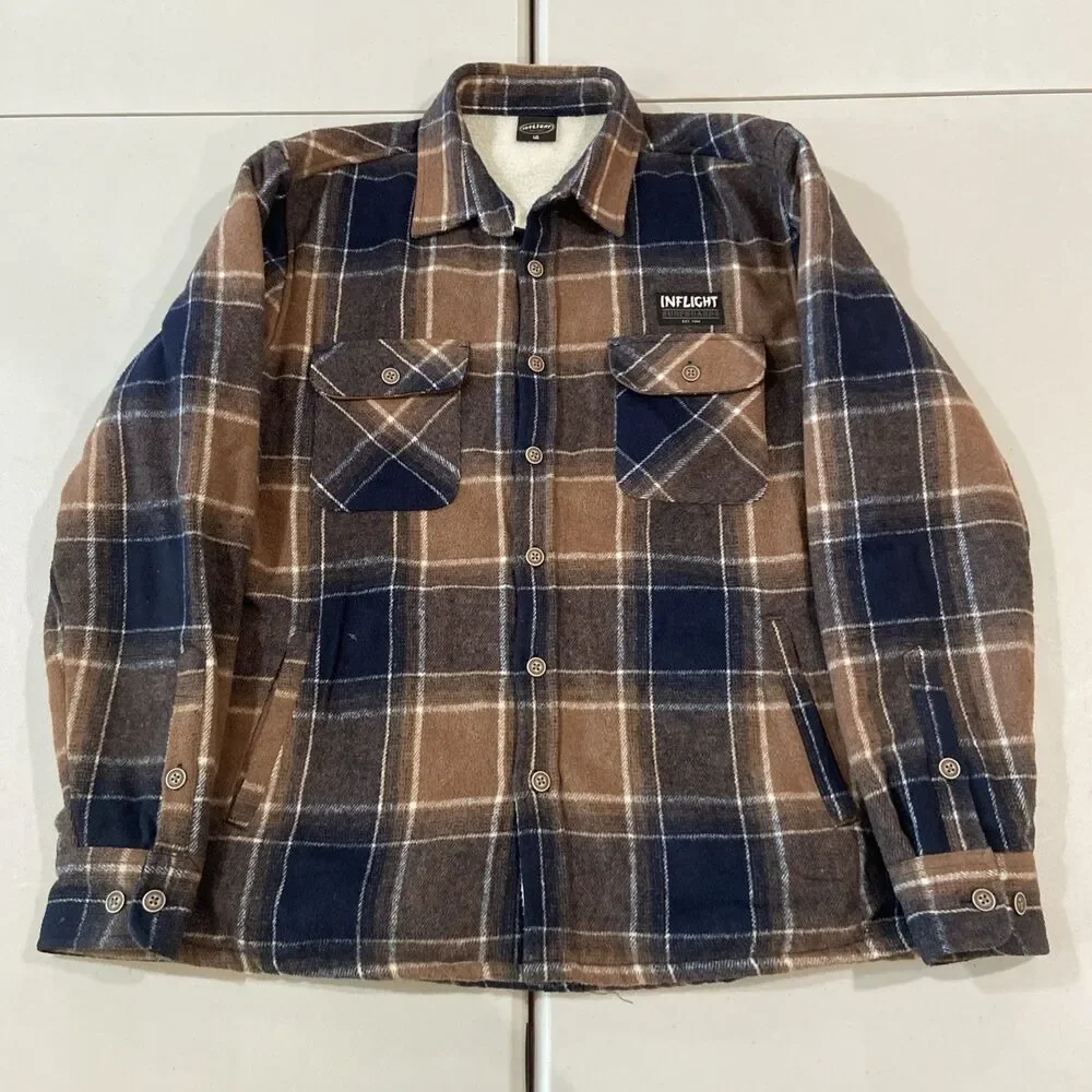 Inflight Surfboards Jacket Mens L Brown Tan Plaid Sherpa Lined Flannel Shacket